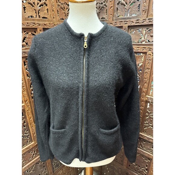 PIERRE CARDIN L SWEATER BLACK CARDIGAN WOOL FULL ZIP Vtg - Picture 1 of 8